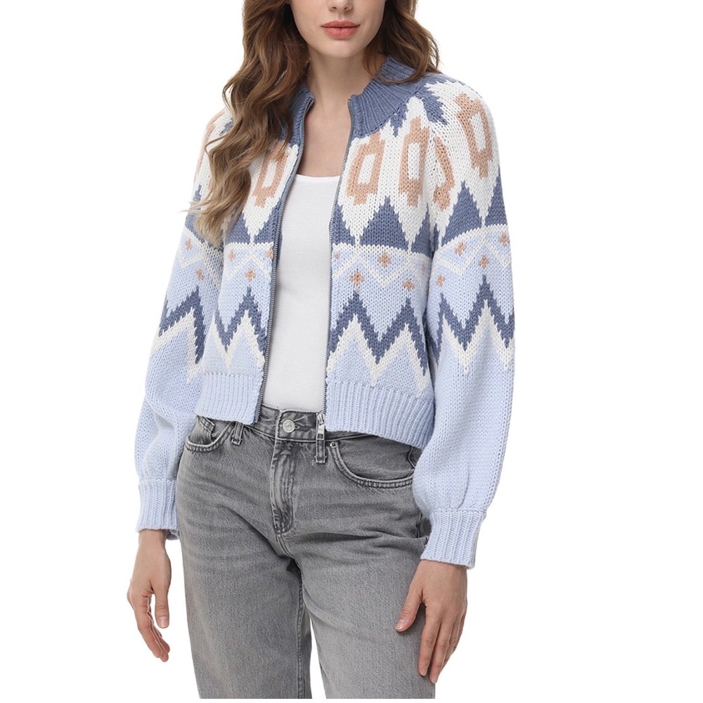 525 Born‎ in Bklyn Victoria Knit Sweater Bomber Jacket Arctic Ice XS Geometric